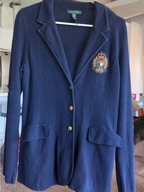 Ralph Lauren Navy Knit Blazer with Embroidered Crest